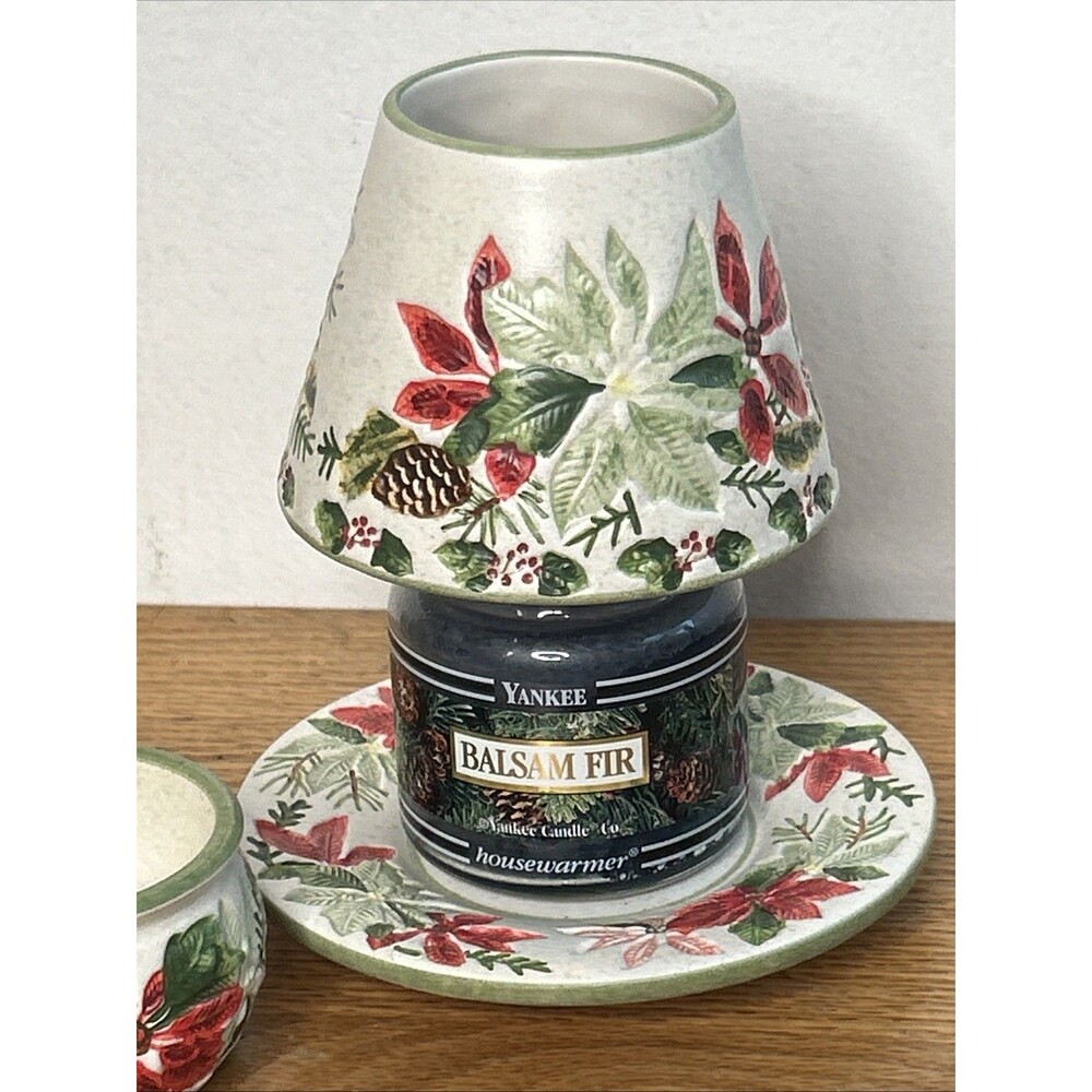 Yankee Candle & Poinsettia Ceramic Candle Jar Topper 4 piece set Hostess Gift - Picture 2 of 4